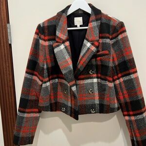 Cropped Favorite Daughter jacket in red, grey and black plaid.